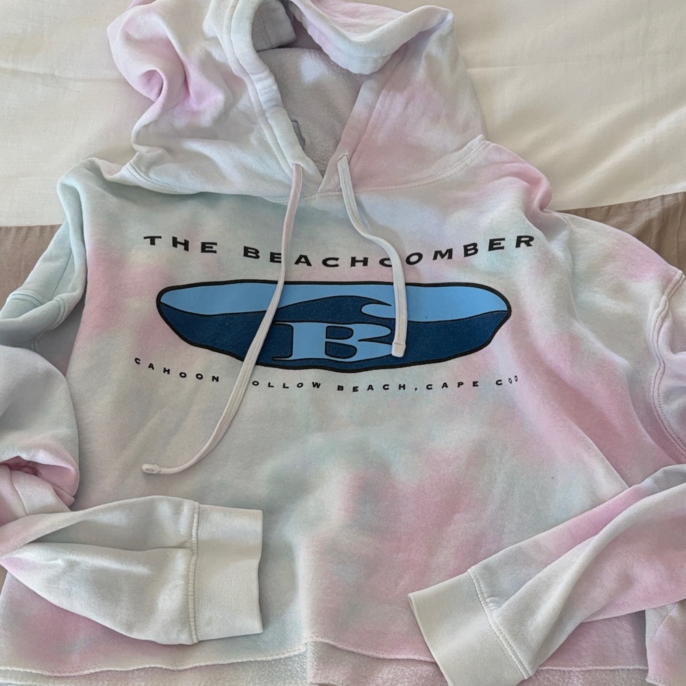 The Beachcomber Tie-Dye Logo Cropped Hoodie, Pastel Pink & Blue, Women’s Medium